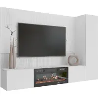 Mirjan 24 Wohnwand Deromi VI, Wohnzimmer Möbel Set, mit Kamin, Griffloses Öffnungssystem push to open, 3er-Set (Farbe: Weiß / Weiß + Weiß Marmor)