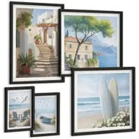 Tulup BILDER SET 5er Set - 50x50 cm & 20x30 cm & 40x60 cm Schwarzer Rahmen - Straßenblumen, Fahrrad bemalt