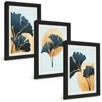 Tulup BILDER SET 3er Set - 20x30 cm Schwarzer Rahmen - Ginkgoblätter, heller Hintergrund