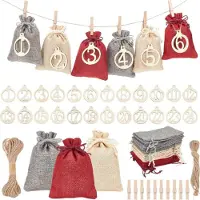 Sonstiges Adventskalender zum Befüllen Kinder, 24 Säckchen 14 x 10 cm, Jute, Rot-Gelb-Grau, mit Zahlenetiketten
