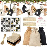 Sonstiges 24 Jutesäckchen Adventskalender zum Befüllen mit Kordelzug, Holz-Clips und Hanf-Seil