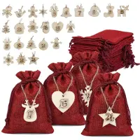 Sonstiges 24 x Jutesäckchen Adventskalender mit Holzanhängern 10 x 14 cm Rot