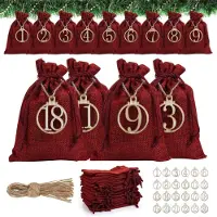 Sonstiges Adventskalender zum Befüllen, 24 Säckchen mit Holzanhängern, Stoff, DIY Weihnachtskalender