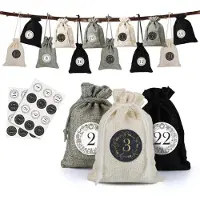 Sonstiges Jutesäckchen Adventskalender 24 Stück mit Zahlenaufkleber 10x14 cm Schwarz/Creme/Hellgrau