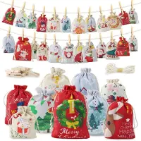 Sonstiges 24 Adventskalender-Beutel zum Befüllen, 2 Größen, mit Zahlen 1-24, Clips & Seil, Stoff, Weihnachten