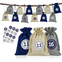 Sonstiges 24 Jutesäckchen Adventskalender mit Zahlensticker 10x14 cm Blau/Natur/Grau