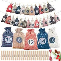 Sonstiges Adventskalender zum Selber Befüllen, 24 Jutesäckchen mit Zahlen, 10x15,5 cm, inkl. Klammern & Band