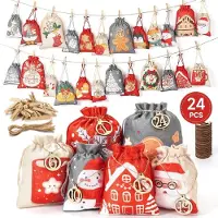 Sonstiges Adventskalender zum Befüllen 24 Säckchen Stoff Rot Beige Grau verschiedene Größen inkl. Zubehör