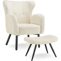 TecTake Sessel Bouclé dick gepolstert mit hoher Rückenlehne Ohrensessel inkl. Hocker, Montagematerial und Anleitung, in creme schwarz