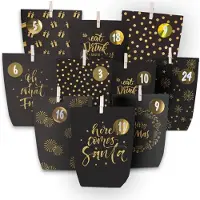 Sonstiges Schwarze Adventskalender Tüten mit goldener Motive, 24 bedruckte DIY Kraftpapiertüten