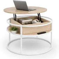 Relaxdays Couchtisch mit Stauraum, HxD: 47 x 80 cm, Lift-Top, MDF & Metall, runder Sofatisch, Stubentisch, beige/weiß
