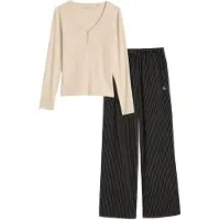 Marc O'Polo Pyjama "Mix & Match Cotton", Damen, Gr. M, beige (hellbeige, schwarz gestreift), Jersey, Obermaterial: 95% Baumwolle, 5% Elasthan, Homewear-Sets Pyjama