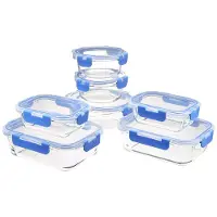 Markenlos Lebensmittelbehälter mit Glasdeckeln, Set von 14, 7 Behälter und 7 BPA-freie Deckel, transparent mit blauer Silikonrand
