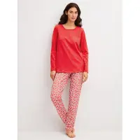 Calida Schlafanzug "Fruity Dreams", Damen, Gr. XL (52/54), rot glow, Single Jersey, Obermaterial: 100% Baumwolle, lang, Rundhals, Homewear-Sets Schlafanzug, Rundhals, Langarm, Pure Cotton, weich