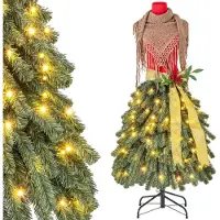KOMFOTTEU Künstlicher Weihnachtsbaum mit Lichtern & Metall Basis, Schaufensterpuppe mit Christbaum, Schneiderpuppe aus PVC, Partybaum Weihnachtsdekoration für Geschäfte, Haus, Büro (Rot)