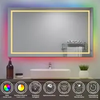 Aica Sanitär GmbH AICA Badspiegel mit RGB-Beleuchtung 100x90cm Beschlagfrei 3 Lichtfarbe Dimmbar Memory-Funktion 1 Stunde automatische LED Wandspiegel IP44