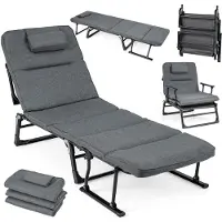 KOMFOTTEU 3-in-1 Campingbett, zusammenklappbar, Einzelbett, Liegesessel mit 6-fach verstellbarer Rückenlehne, Kopfstütze und Kissen, gepolsterte Sonnenliege für den Garten