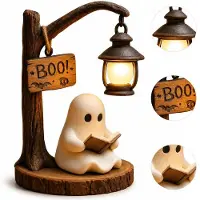 Slyrun Geisterlampe Halloween Deko, LED Nachtlicht mit lesendem Geist, Bücherregal Dekoration für Leser, kabellose Tischlampe für Schlafzimmer & Kinderzimmer