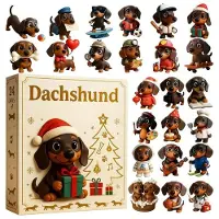 Dopwii Dackel Adventskalender 24 Tage, Weihnachtskalender mit Hundeanhängern, 2D Dackel Ornamente für Weihnachtsbaum & Deko