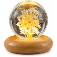 Dopwii Blumenlampe aus Glas, dekorative Gänseblümchen Kugel mit LED Holzsockel, stimmungsvolle Tischlampe für Schlafzimmer, Wohnzimmer und Büro