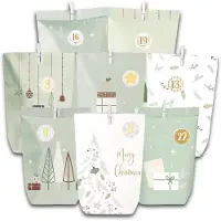 Sonstiges Adventskalender zum Selbermachen, 28 Papiertüten mit Weihnachtsmotiv, Zahlenaufklebern, Holzklammern und Band Grün