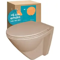 Calmwaters Erhöhtes Wand WC spülrandlos Modern Plus mit Toilettendeckel, +6 cm Erhöhung, erhöhte Toilette inkl. abnehmbarem WC Sitz mit Absenkautomatik und Fast-Fix, Komfort Tiefspüler, Bahamabeige
