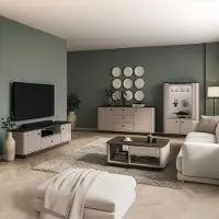 Lomadox Wohnzimmermöbel Set in Beige & Eiche modern, mit Lowboard, Sideboard, Highboard-Vitrine, Couchtisch & LED-Beleuchtung, 4-teilig – VEJANO-131