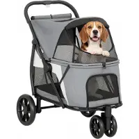 BundiGlassware Hundewagen Faltbar Hundebuggy mit waschbarem Kissen, Netzfenstern, 3 Räder, für mittelgroße Hunde bis 20 kg, Grau