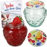 MamboCat 2er Set Frutta Vaso Marmeladenglas 580ml mit Comic-Obst Deckel TO82 & Rezeptheft