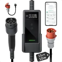 De Mobile Wallbox 11kW mit APP 10m 3-phasig 6–16A Einstellbarer Ladeleistung CEE-16A 400V auf Typ 2 Ladekabel EV Ladegerät für alle BEV/PHEV