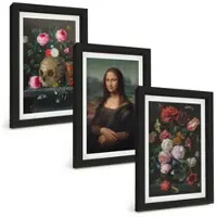 Tulup BILDER SET 3er Set - 20x30 cm Schwarzer Rahmen - Blumenschädel-Porträt Mona Lisa