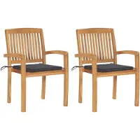 Markenlos 2er-Set Gartenstühle aus Teakholz in Anthrazit mit Kissen, 60 x 57,5 x 90 cm, stapelbar und wetterbeständig für Terrasse, Garten, Balkon und Camping