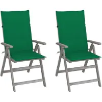 Markenlos Gartenstühle als 2er-Set aus massivem Akazienholz, grau, 57x69x110 cm, mit grünen Sitzkissen und 5-fach verstellbarer Rückenlehne für Balkon, Terrasse und Garten