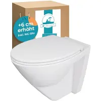 Calmwaters Erhöhtes Wand WC spülrandlos Modern Plus mit Toilettendeckel, +6 cm Erhöhung, erhöhte Toilette inkl. abnehmbarem WC Sitz mit Absenkautomatik und Fast-Fix, Komfort Tiefspüler, Weiß