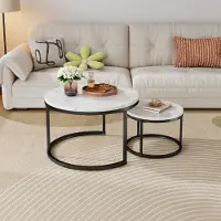 STILVORA Couchtisch-Set 2-teilig rund,Wohnzimmertisch mit rutschfesten Fußpads, Beistelltisch mit Metallrahmen und Tischplatte Steinoptik