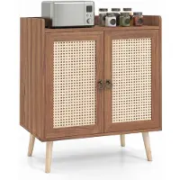 Costway Sideboard Holz, Buffetschrank mit 2 Rattantüren (Braun) | Küchenschrank Kommode, Schrank modern mit Arbeitsplatte, Buffet, 67 x 38 x 77 cm