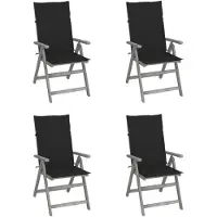 Markenlos 4er-Set verstellbare Gartenstühle aus massivem Akazienholz mit schwarzen Kissen, grau gewaschen, 5-fach verstellbar, für Terrasse und Außenbereiche