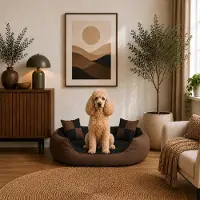 Belviona 4-in-1 Hundebett, Hundekörbchen mit Wendekissen, wasserabweisend, tiefer Einstieg & 2 Spielkissen, 85x70 cm, schwarz/braun