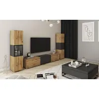 MINIO go for it , Wohnwand BRELA III, 3-teilig, TV Board mit Vitrine und Schrank, 210 cm, Wotan Eiche / Schwarz