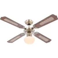 Globo LED Deckenventilator mit Zugschalter Ventilatorlampe Decke 3 Stufen Ventilator Deckenleuchte, Vor-Rücklauf, Eiche Geflecht Glas Altmessing, 1x LED 3,7W 320Lm, D 106,6 cm