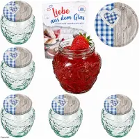 MamboCat 6er Set Frutta Vaso Marmeladenglas 580ml Holz Herz blau Deckel TO82 Rezeptheft