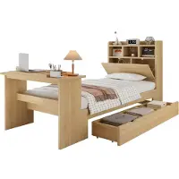SOFTWEARY Kinderbett mit Stauraum und Klapptisch, mit Lattenrost, Regal, Schrank, Schubladen und Klapptisch, Holzbett, Stauraumbett, Einzelbett, 90x200 cm