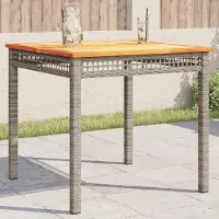Markenlos Grauer Gartentisch 80x80x75 cm aus Poly-Rattan mit Tischplatte aus Akazienholz und pulverbeschichtetem Stahlrahmen für Balkon, Terrasse und Veranda