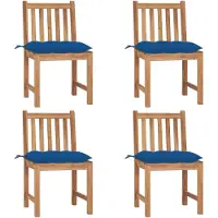 Markenlos 4 Gartenstühle aus massivem Teakholz, 50 x 53 x 90 cm, mit blauen Polyesterauflagen, wetterfest für Terrasse, Balkon, Camping und Wohnbereich