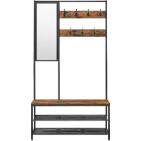 Vasagle Garderobenständer mit Haken, Spiegel, Sitzbank, 35 x 98 x 180 cm, für Eingangsbereich, Schlafzimmer, Wohnzimmer, Industrie-Design, Vintagebraun-Schwarz, HSR415B01