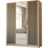 Lookway Dreitüriger Kleiderschrank NELA mit Lamellen 155 cm mit Spiegel, Kaschmir / Kaschmir + Schwarz