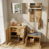 MODFU Garderoben-Set für Flur, 4-teilig Flurgarderobe mit Spiegel, Schuhschrank, Kleiderstange und gepolsterter Schuhbank,modernes Flurmöbel,Natur