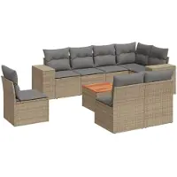 vidaXL 9-tlg. Garten-Sofagarnitur mit Kissen Beige Poly Rattan