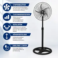 MOELECTRONIX Metall Standventilator 5 Rotorblätter Ventilator Luftkühler Standlüfter 3 Stufen Oszillation Höhenverstellbar Robust 18" Zoll 45cm Schwarz