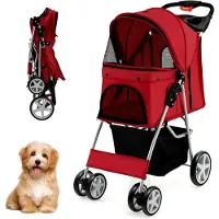 Markenlos Hundebuggy, klappbarer Hundewagen bis 15 kg, Katzenwagen mit Netzfenstern, Getränkehalter und Aufbewahrungskorb, Haustier-Kinderwagen für kleine Tiere (Rot)